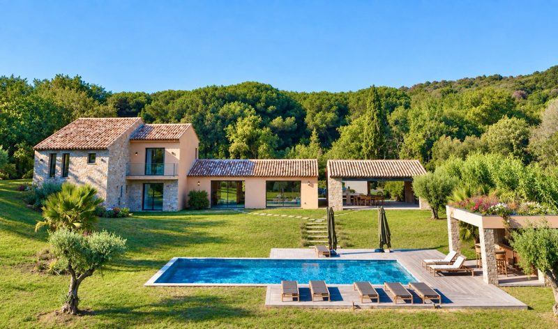 Villa Les Aiguiers à Ramatuelle, vue de la villa, de la piscine et du jardin