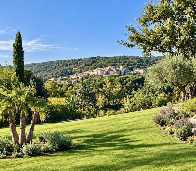 Jardin avec vue sur les collines et le village de Ramatuelle